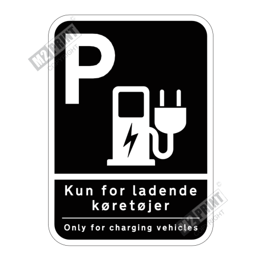 Parkeringsskilt - Parkering kun for ladende køretøjer dansk/engelsk sort