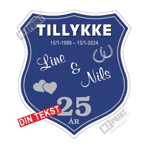 Bryllupsskjold skilt wide crest mørk blå, hvid og lys grå (skriv selv tekst)