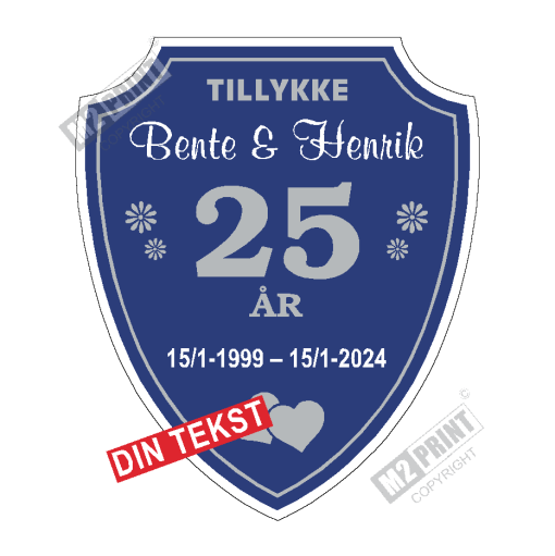 Bryllupsskjold skilt crest mørk blå, hvid og lys grå (skriv selv tekst)