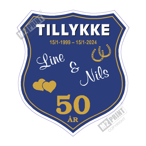 Bryllupsskjold skilt wide crest mørk blå, hvid og gul (skriv selv tekst)