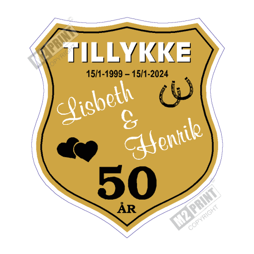 Bryllupsskjold skilt wide crest gul, hvid og sort (skriv selv tekst)