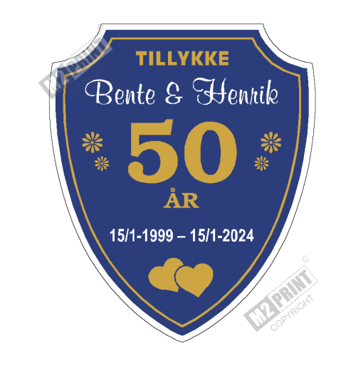 Bryllupsskjold skilt crest mørk blå, hvid og gul (skriv selv tekst)