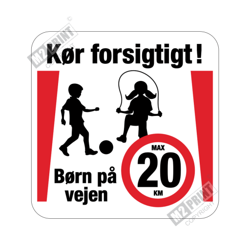 Færdselsskilt - Kør forsigtigt! Børn på vejen max 20 km