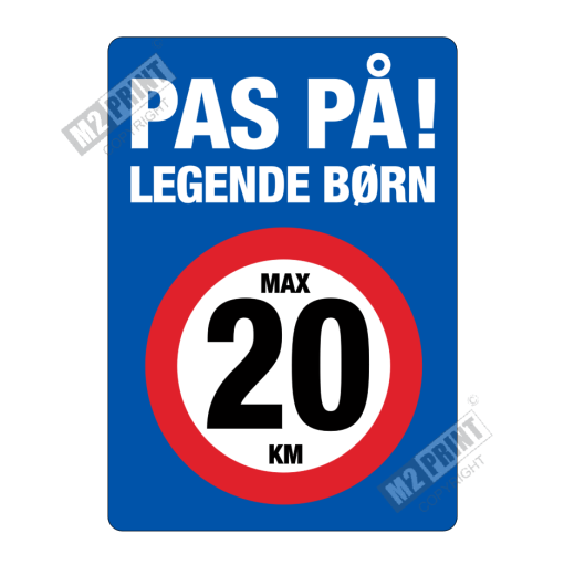 Færdselsskilt - Pas på! Legende børn max 20 km blå